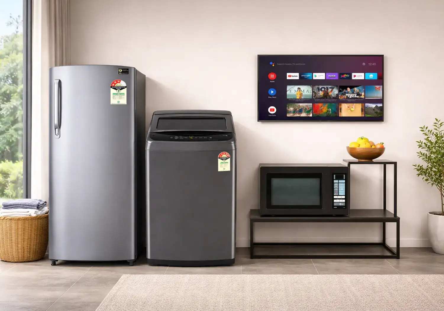 Single Door Fridge, Top Load Washing Machine, Convection Microwave Oven & Smart TV 32-Inch Combo